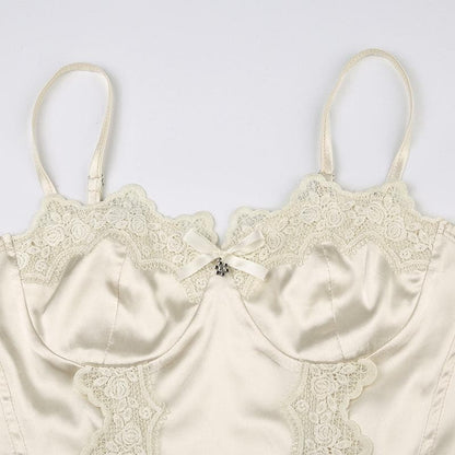 Satin lace hem stitch bustier bowknot solid cami top