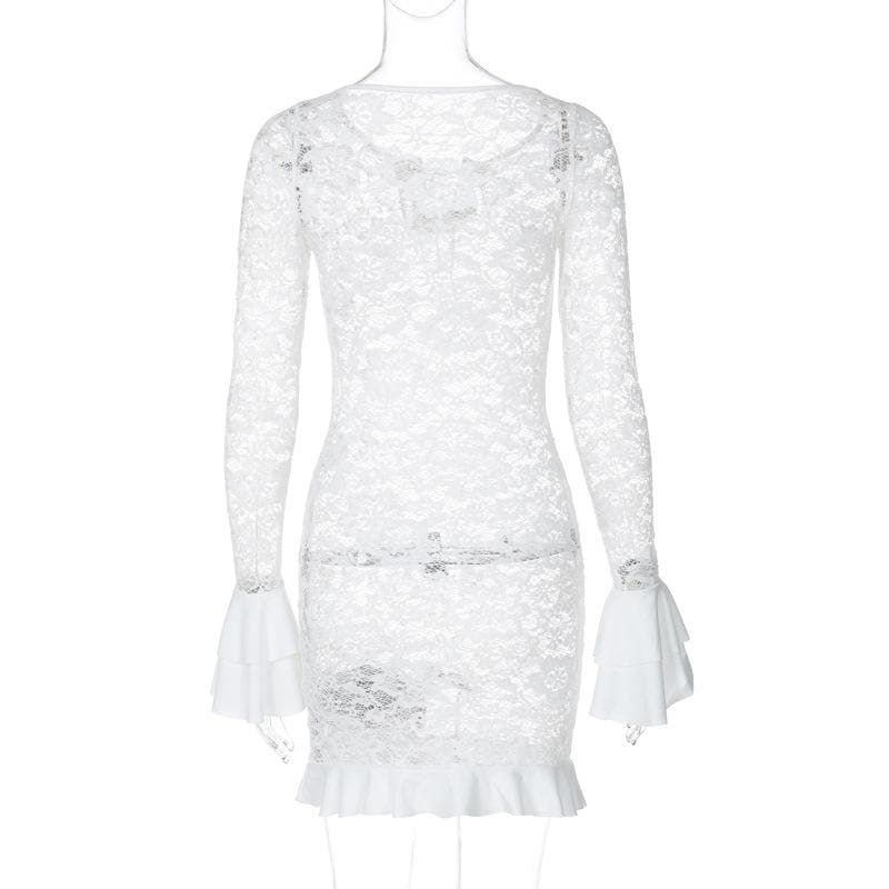 Long flared sleeve lace see through lace up mini dress