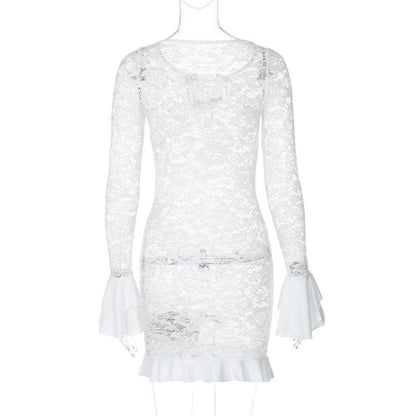 Long flared sleeve lace see through lace up mini dress