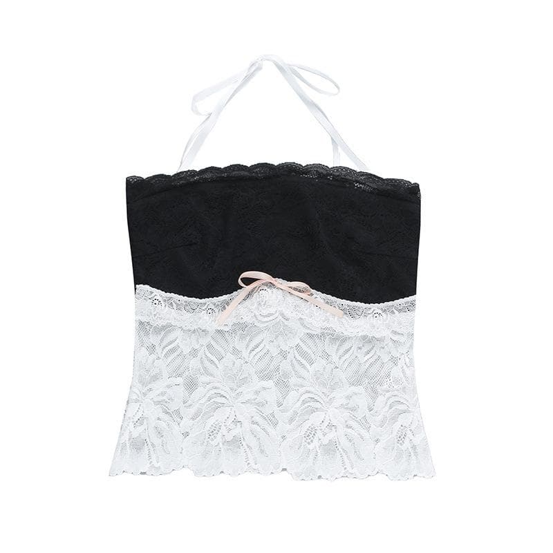 Halter bowknot lace contrast backless see through crop top