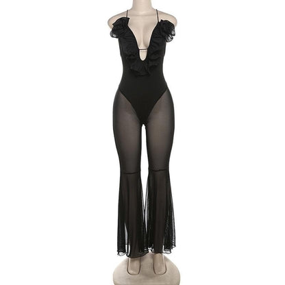 Flower applique ruffle lace up mesh cami jumpsuit