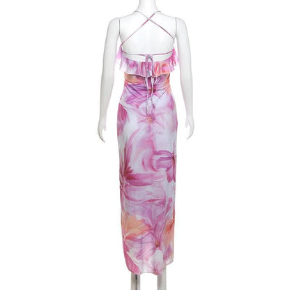 U neck print ruffle high slit cami midi dress