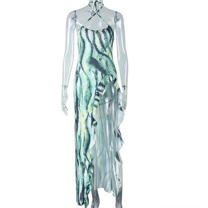 Halter self tie cross front high slit striped print maxi dress