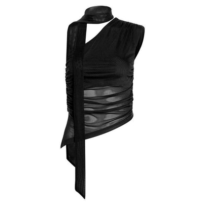 One shoulder mesh ruched slit irregular top