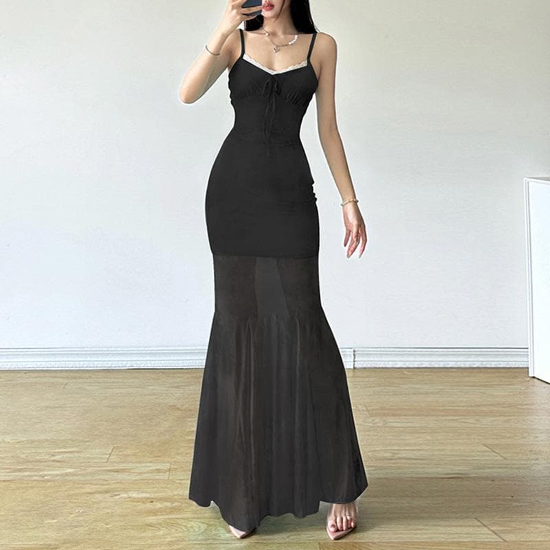 Lace hem print mesh knotted ruched cami maxi dress