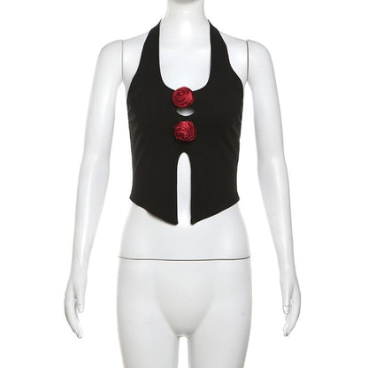Halter u neck flower applique hollow out crop cut out top