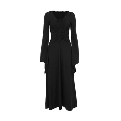 Long flared sleeve v neck embroidery maxi dress