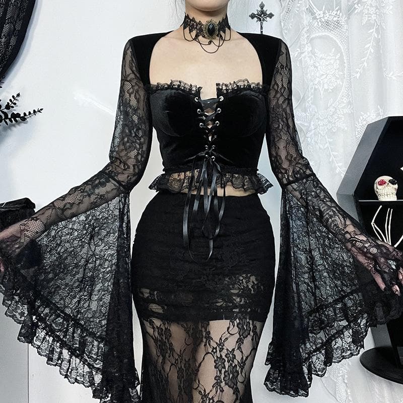 Long flared sleeve velvet lace patchwork ruffle lace up crop top