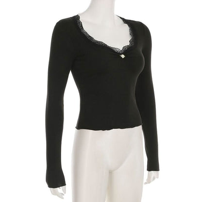 V neck long sleeve lace hem flower applique top