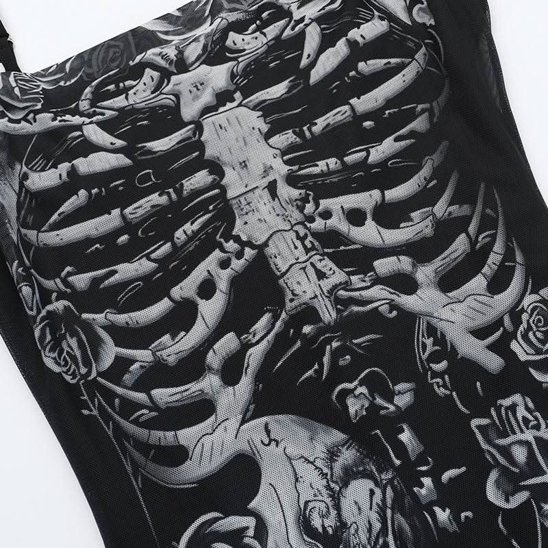 U neck skull print mesh backless cami maxi dress