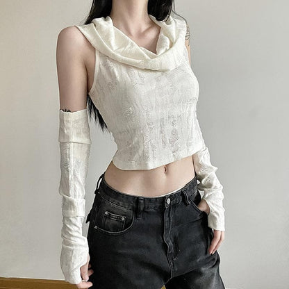 Textured off shoulder hoodie gloves cowl neck crop top