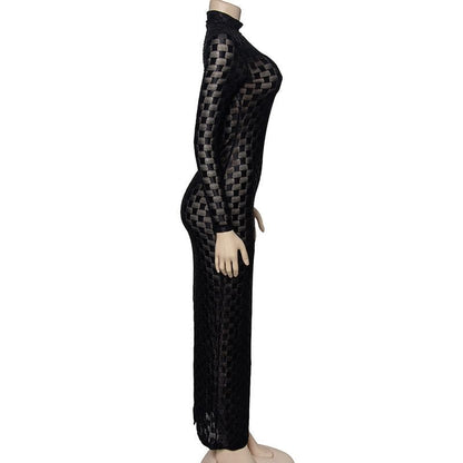 Mock Neck Long Sleeve Sheer Mesh Checkerboard Print Bodycon Maxi Dress