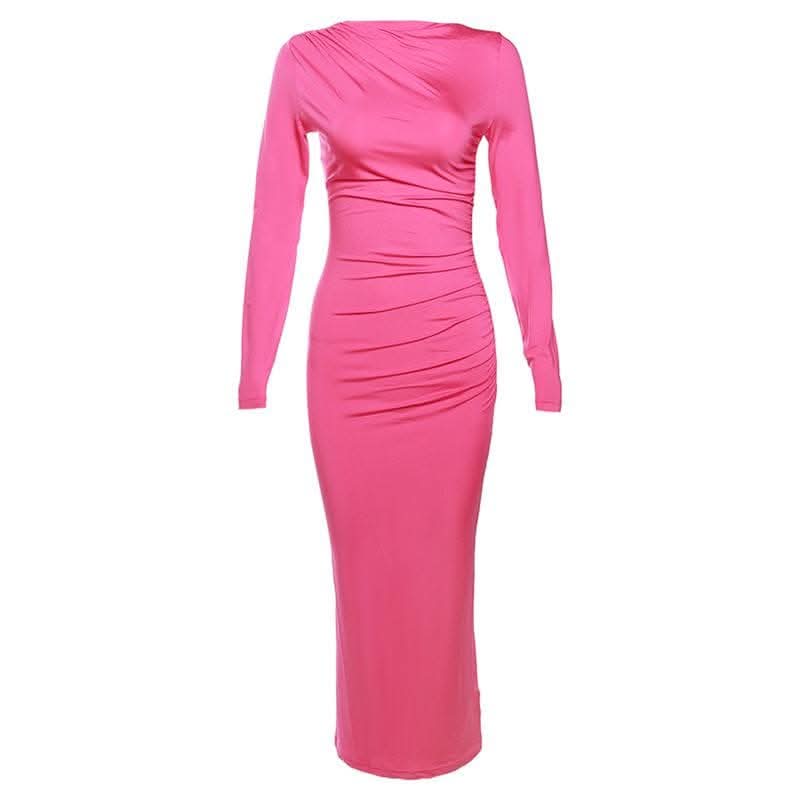 Ruched solid long sleeve zip-up maxi dress-final-sale