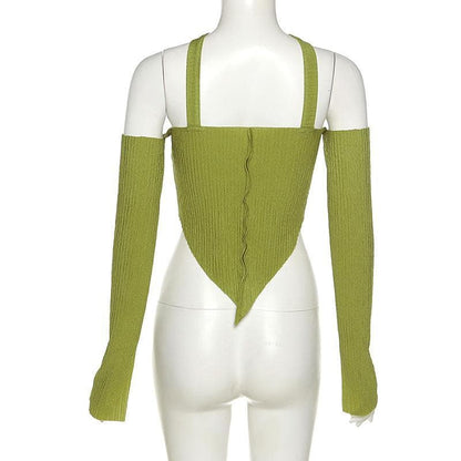 Long sleeve off shoulder patchwork halter top