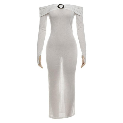 Off shoulder long sleeve metal applique midi dress
