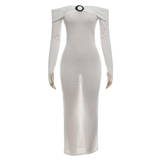 Off shoulder long sleeve metal applique midi dress