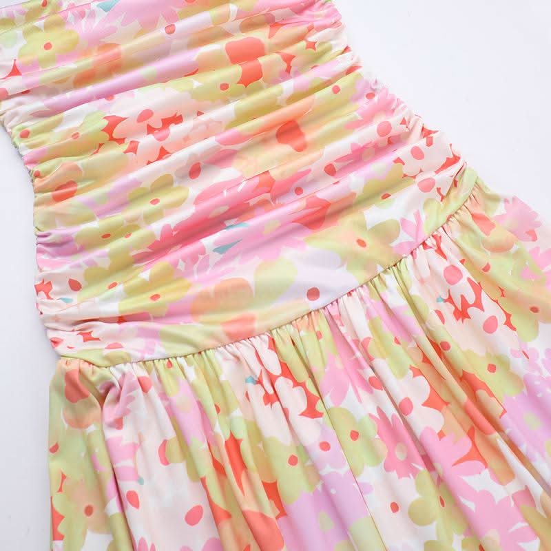 Ruched flower print backless tube maxi dress
