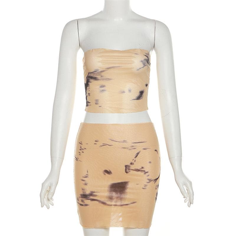 Tie dye contrast sheer mesh see through tube mini skirt set-final-sale