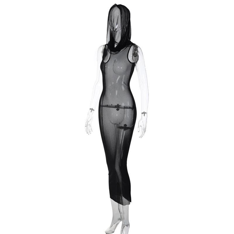 Sheer Mesh Mock Neck Sleeveless Bodycon Maxi Dress