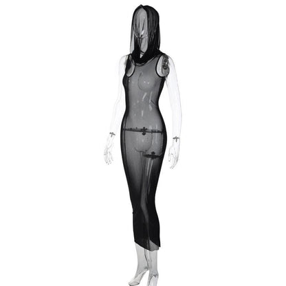 Sheer Mesh Mock Neck Sleeveless Bodycon Maxi Dress