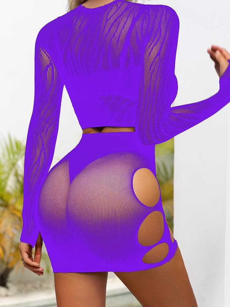 Long sleeve zebra sheer mesh mini skirt set