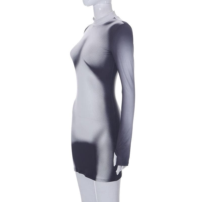 Mock Neck Long Sleeve Body Print Trompe Loeil Bodycon Mini Dress