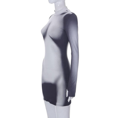 Mock Neck Long Sleeve Body Print Trompe Loeil Bodycon Mini Dress