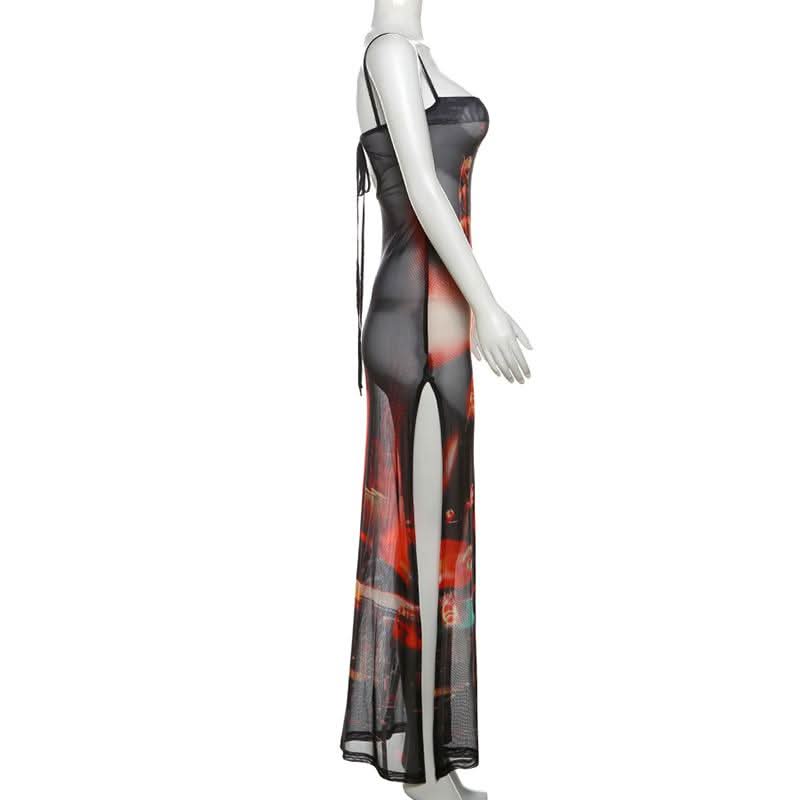 Abstract mesh high slit cami maxi dress
