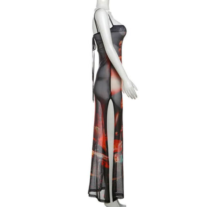 Abstract mesh high slit cami maxi dress