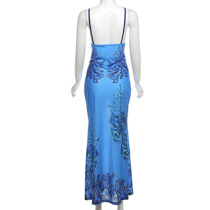 V neck abstract print cami maxi dress