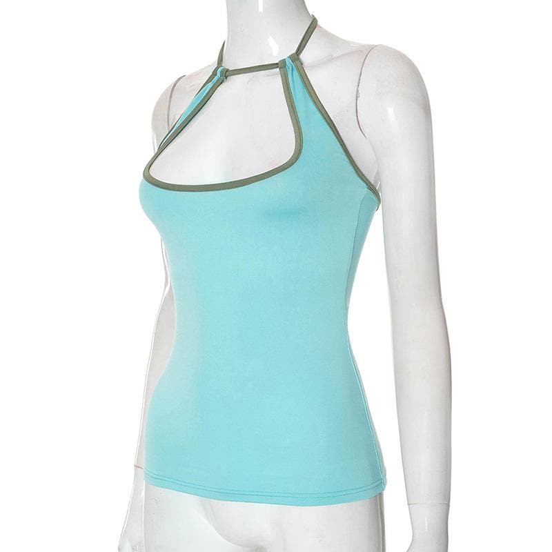 Halter contrast hollow out self tie backless cut out top