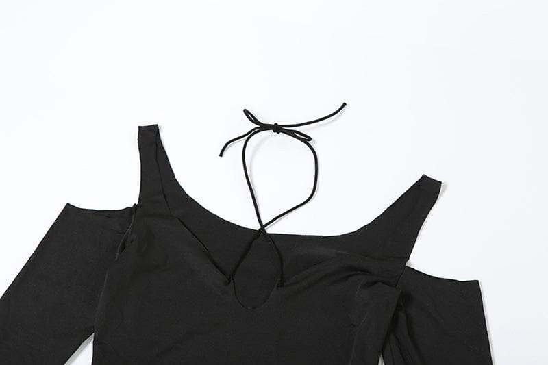 Hollow out long sleeve halter cross front self tie cut out maxi dress