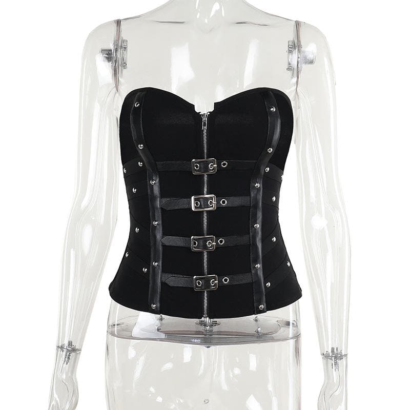 PU leather patchwork buckle zip-up tube top