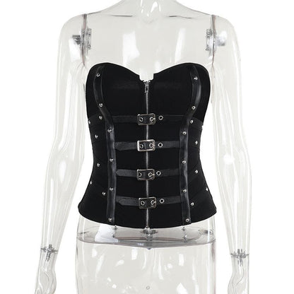 PU leather patchwork buckle zip-up tube top