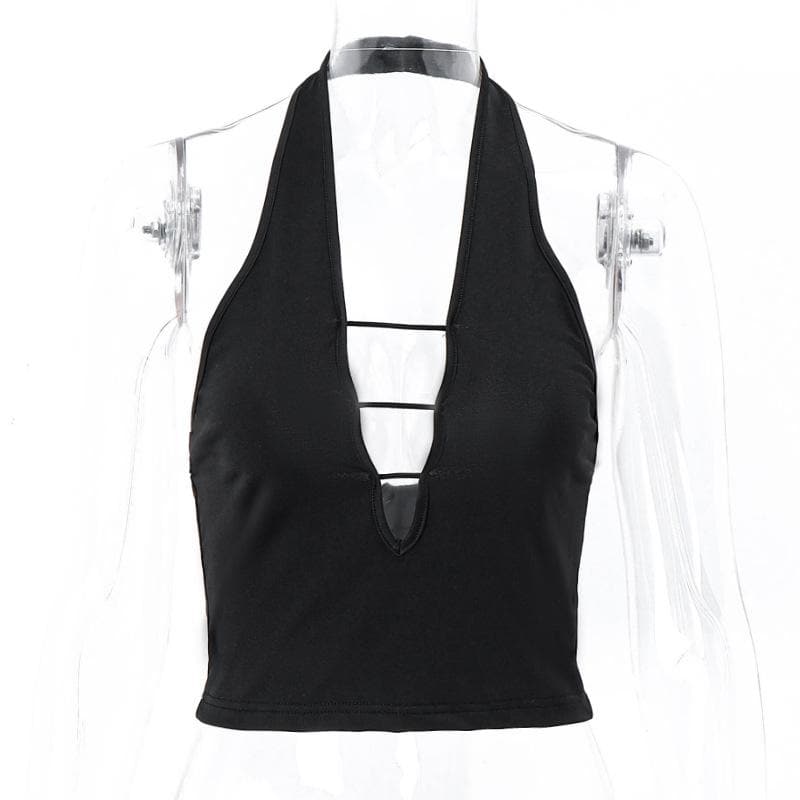 Halter irregular v neck backless solid crop top