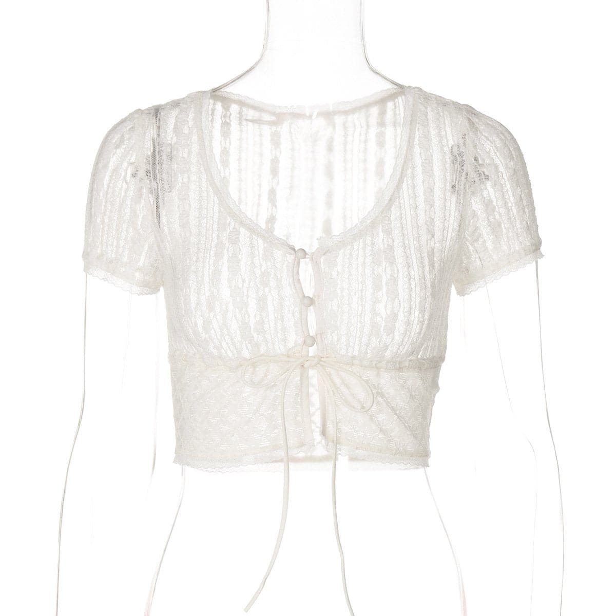 Short sleeve button lace see through crop top