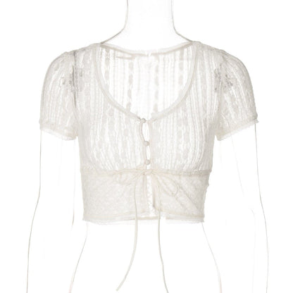 Short sleeve button lace see through crop top