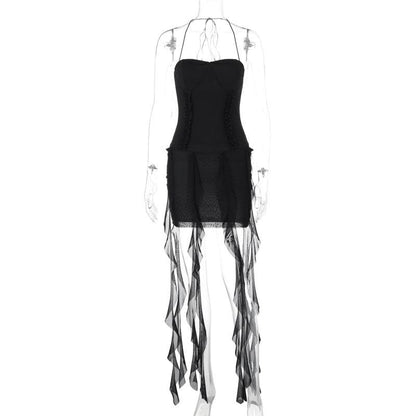 Halter ruffle sweetheart neck solid backless mini dress