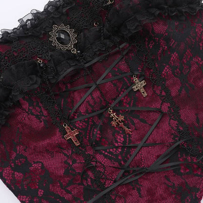 Lace hem cross pendant ruffle tube top
