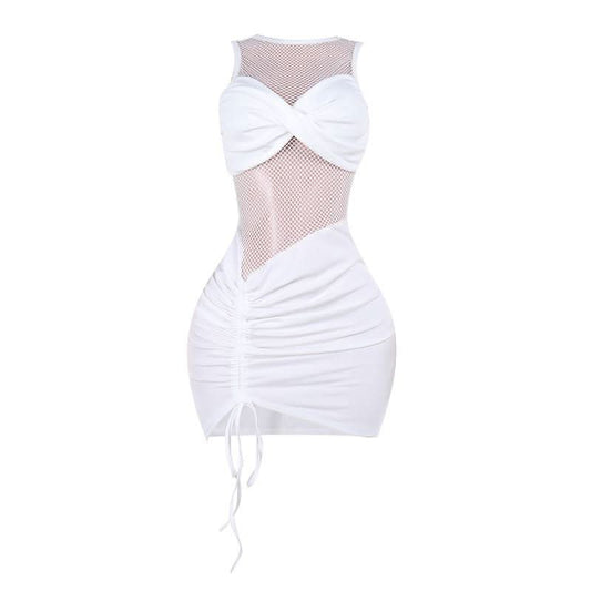 Ruched drawstring crewneck fishnet mini dress