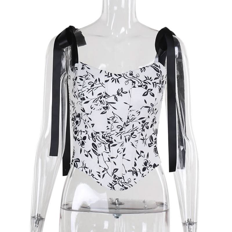 Self tie u neck ribbon print contrast cami top