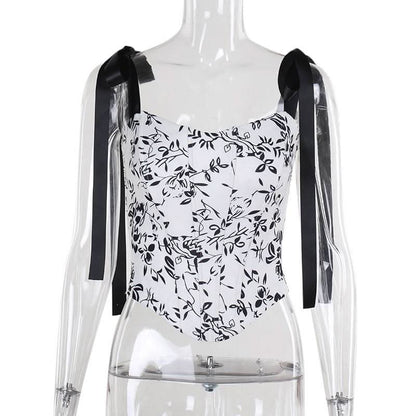 Self tie u neck ribbon print contrast cami top