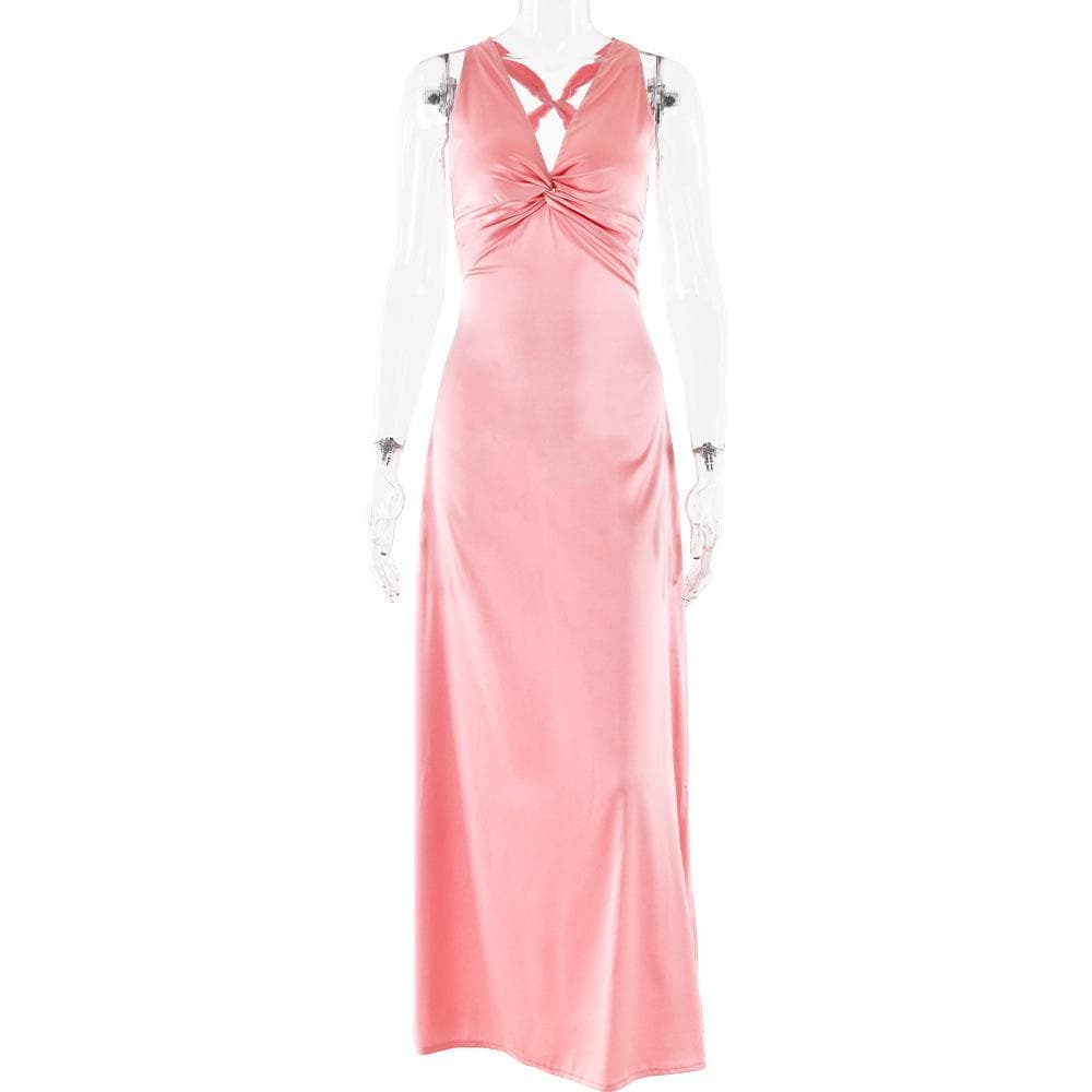 Ruched bowknot v neck satin cross back maxi dress