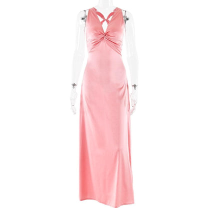 Ruched bowknot v neck satin cross back maxi dress