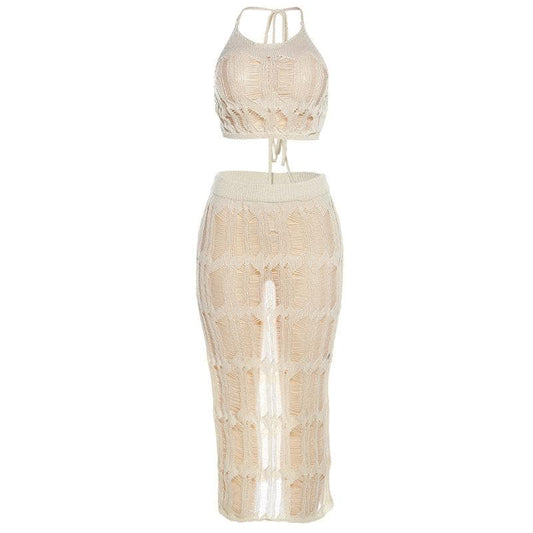 Crochet solid halter self tie see through slit midi skirt set-final-sale