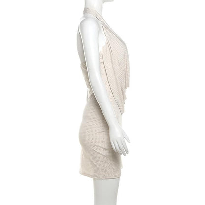 Halter cowl neck beaded low cut mini dress