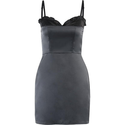 Sweetheart Ruffle Trim Zip Up Backless Satin Cami Mini Dress