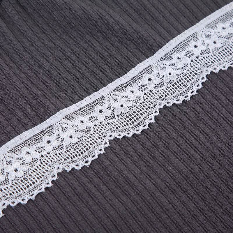 Long sleeve patchwork lace hem bowknot ruched top