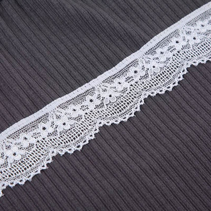 Long sleeve patchwork lace hem bowknot ruched top