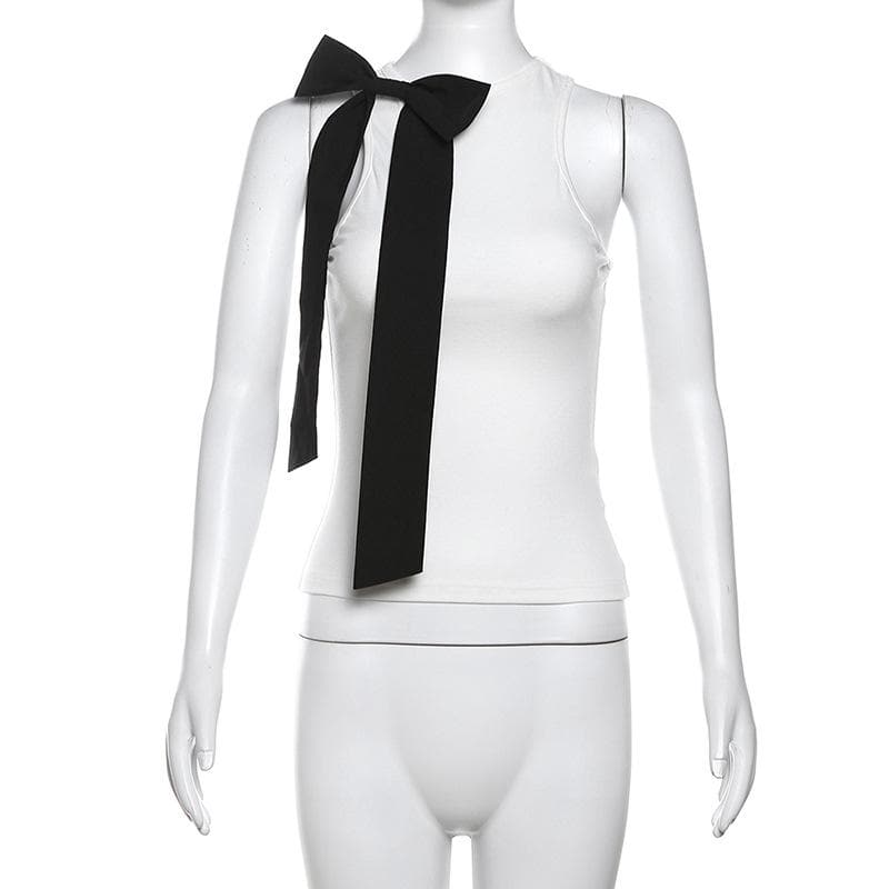 Bowknot crewneck ribbon contrast tank top